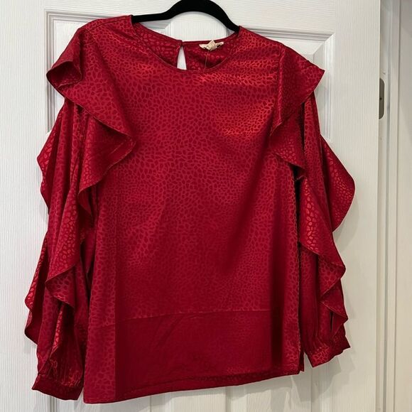 Red leopard silky blouse. Ruffle sleeves. Gorgeous! Size small runs bigger - Picture 1 of 12
